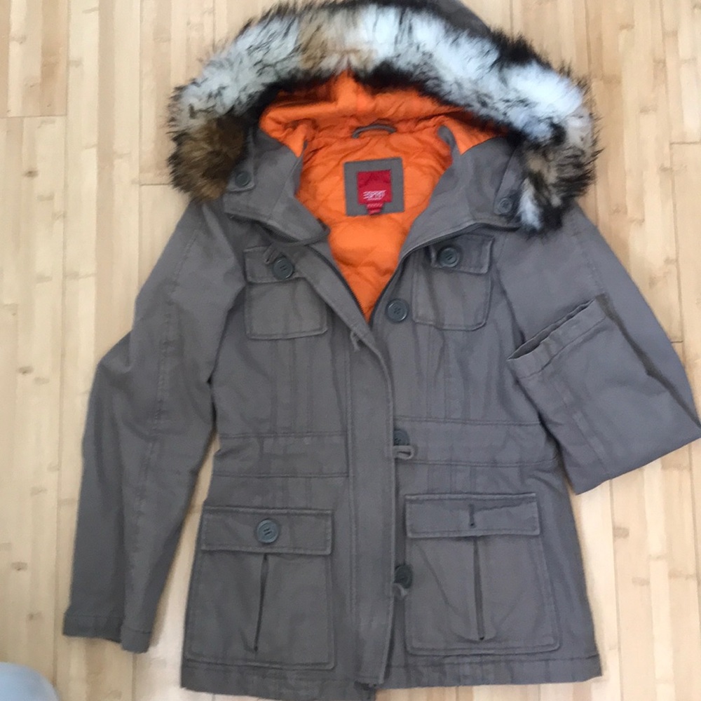 Esprit Utility Jacket with Faux Fur Hood - Brown and Orange - Vintage